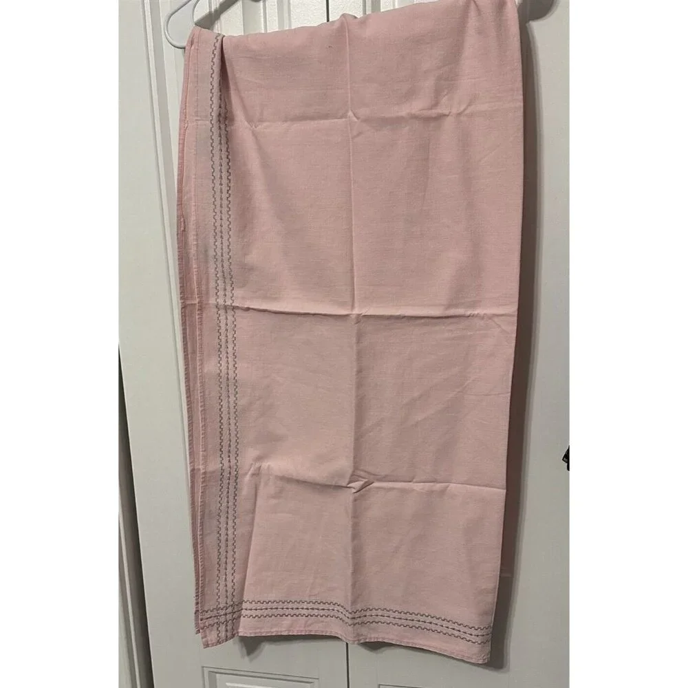 Vintage Tablecloth Topper Pink Silver Embroidered Trim Stripe